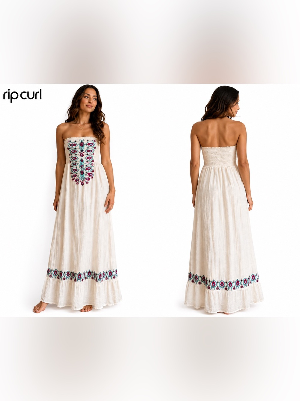 Rip Curl Women’s Large Strapless Flyaway Maxi Dress Embroidered Cotton Boho